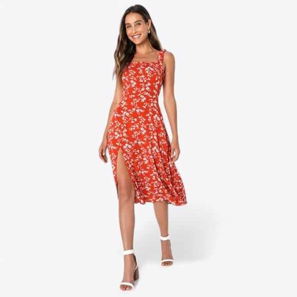 Lulus Red Floral Smocked Midi Dress L NWT Ruffle Strap Vacation Resort - Picture 1 of 9